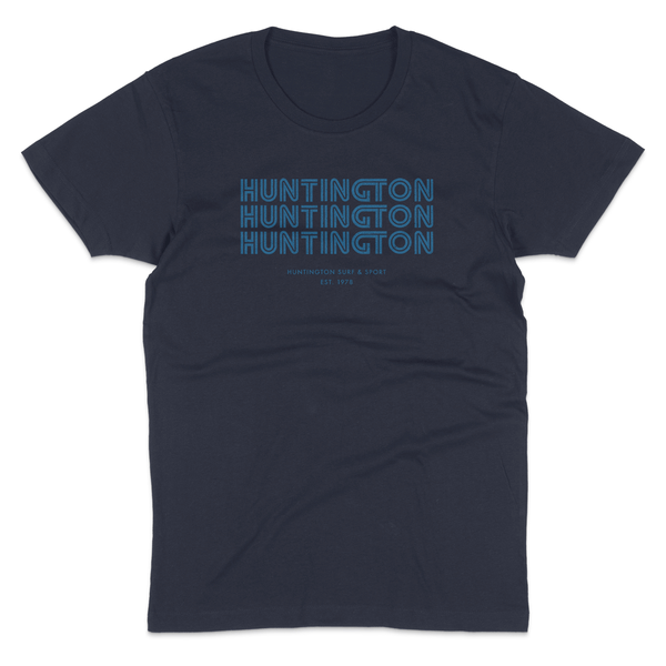 Blue t-shirt with 'Huntington' text in blue on a white background
