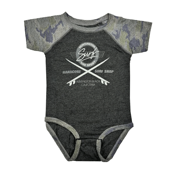 black and camo infant onesie on a white background