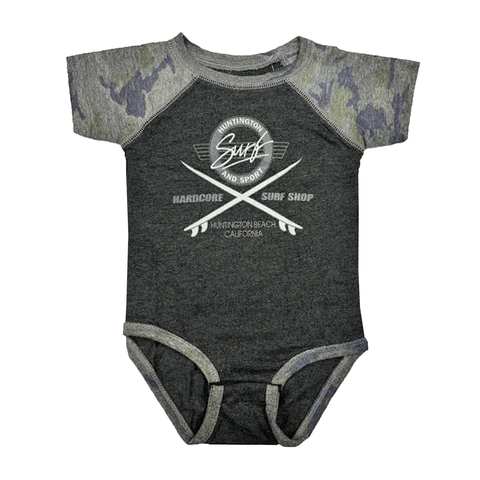 black and camo infant onesie on a white background