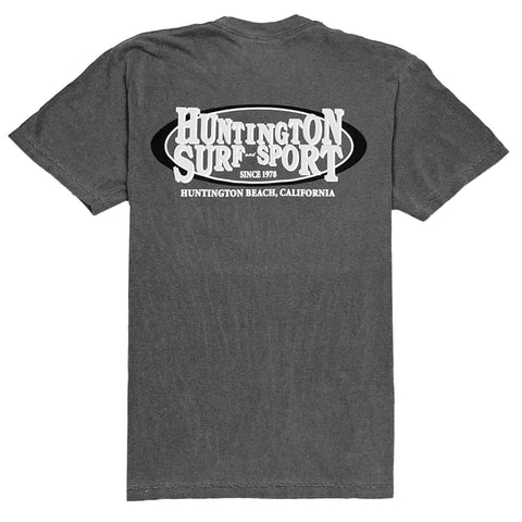 Gray t-shirt with 'Huntington Surf Sport' logo on the back against a white background