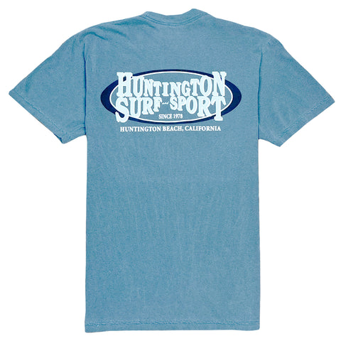 Blue t-shirt with 'Huntington Surf Sport' logo on the back against a white background