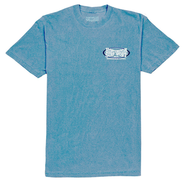 Blue t-shirt with a logo on the chest against a white background