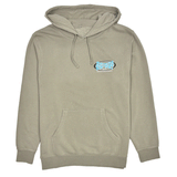 front of cement colored hoodie with blue hss oval logo on chest