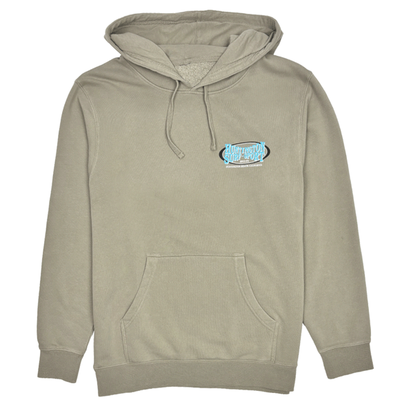 front of cement colored hoodie with blue hss oval logo on chest