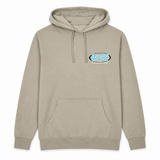 front of cement colored hooded sweatshirt with HSS oval logo in 80's colors