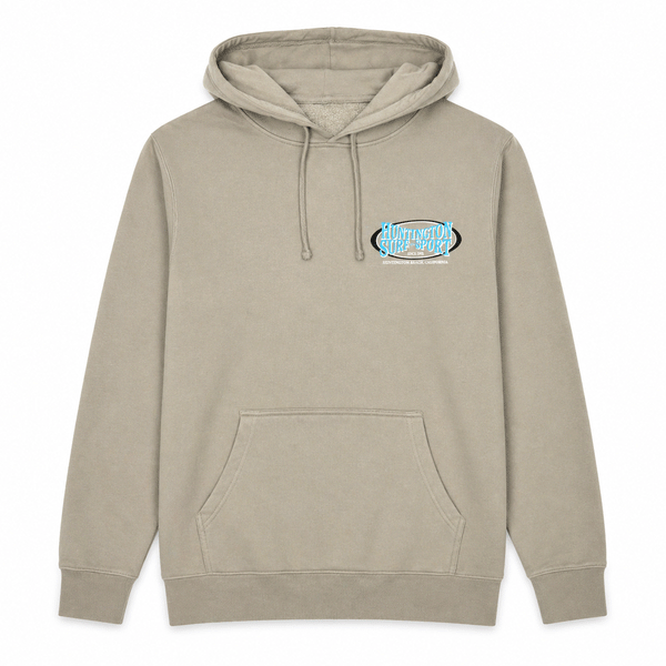 front of cement colored hooded sweatshirt with HSS oval logo in 80's colors