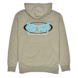 back of cement colored hooded sweatshirt with HSS oval logo in 80's colors