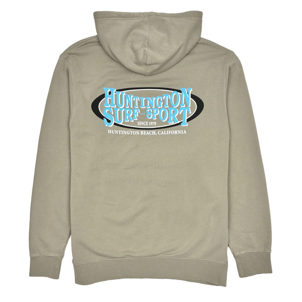 back of cement colored hooded sweatshirt with HSS oval logo in 80's colors