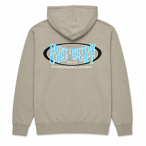 back of cement colored hooded sweatshirt with HSS oval logo in 80's colors