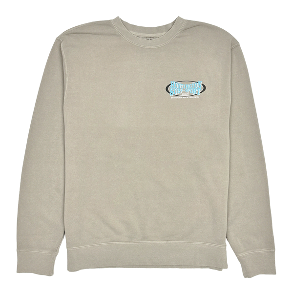 front of cement colored crewneck sweatshirt with light blue HSS Oval logo on chest