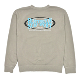 back of cement colored crewneck sweatshirt with light blue HSS Oval logo