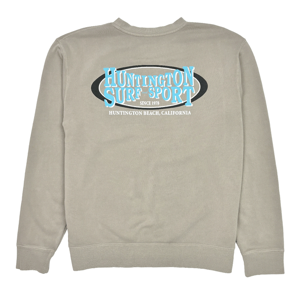 back of cement colored crewneck sweatshirt with light blue HSS Oval logo