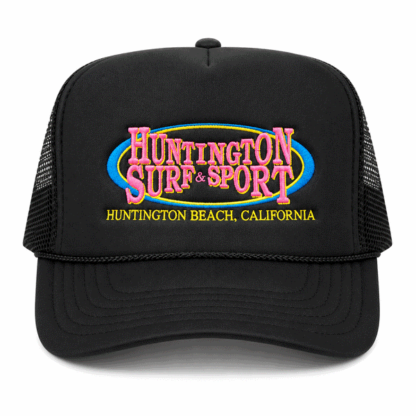 black trucker hat with 80's inspired logo on white background