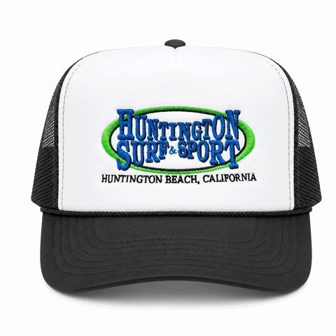 black and white trucker hat with 80's colored logo on white background