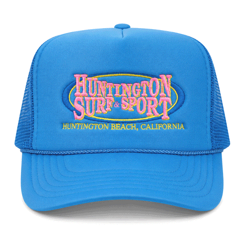 light blue trucker hat with 80's colored logo on white background