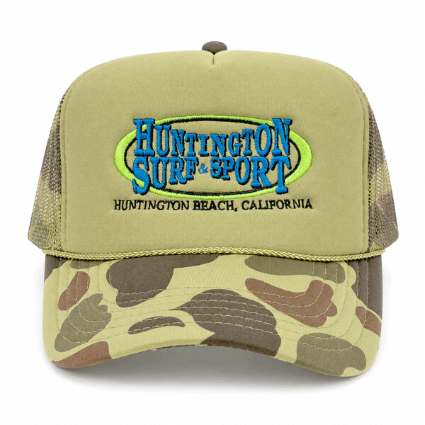 camo trucker hat with 80's inspired logo on white background