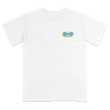 White t-shirt with a colorful logo on the chest against a white background