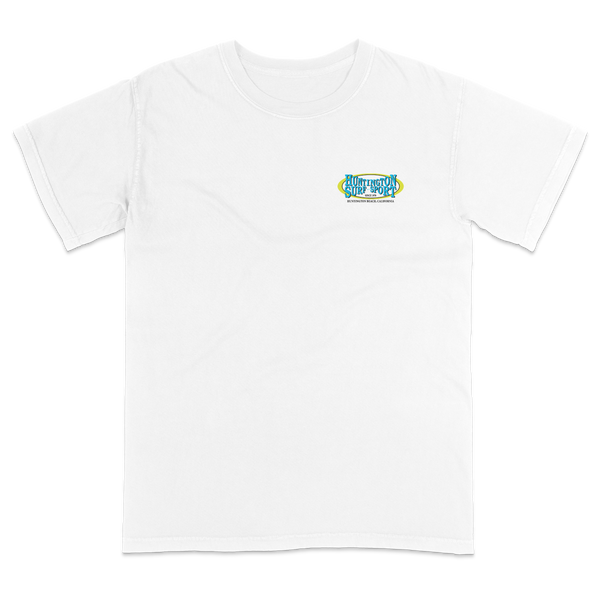 White t-shirt with a colorful logo on the chest against a white background