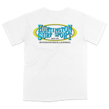 White t-shirt with 'Huntington Surf Sport' logo on a white background