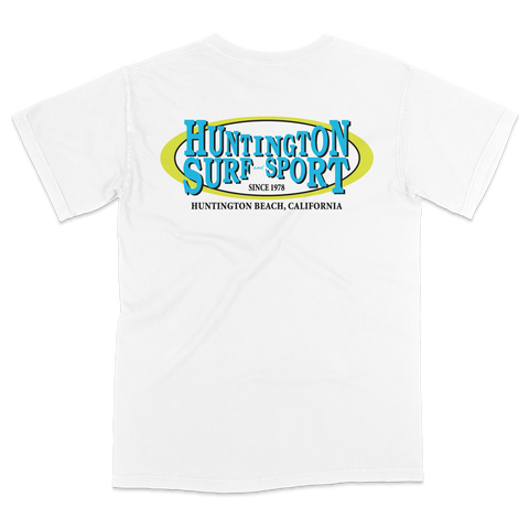 White t-shirt with 'Huntington Surf Sport' logo on a white background
