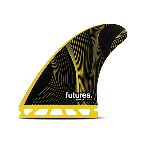 black and yellow surf fin with "futures" branding