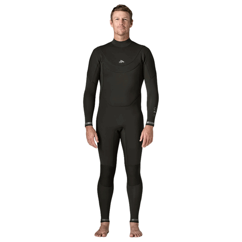 front of person wearing a black chest zip wetsuit