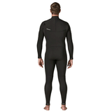 back view of person wearing a black chest zip wetsuit