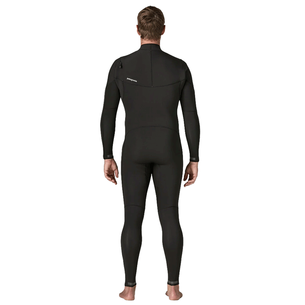 back view of person wearing a black chest zip wetsuit