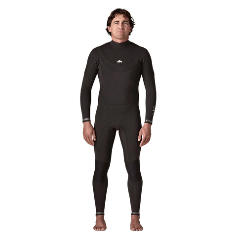front view of man wearing a black chest zip wetsuit