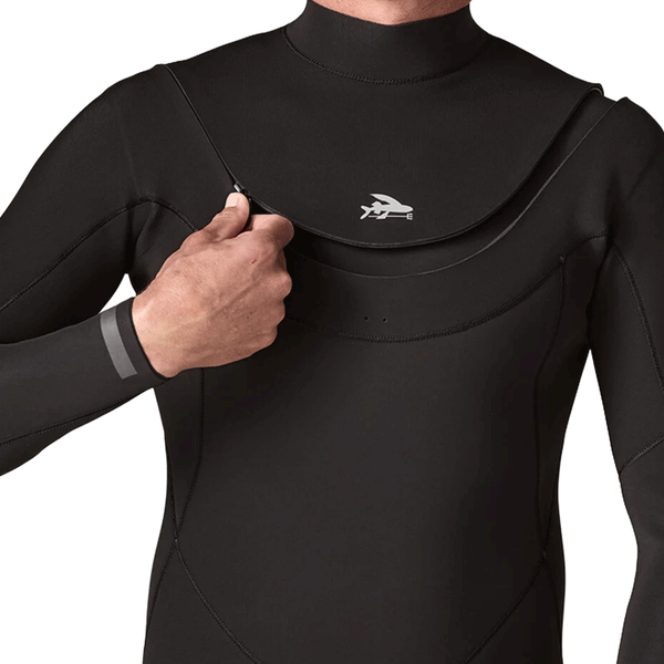 view of the chest zipper on a black wetsuit
