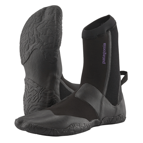 Pair of black wetsuit boots. one showing the profile and one showing the sole. 