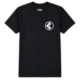 front of black t-shirt with smal white logo on the chest. t-shirt is over a white background