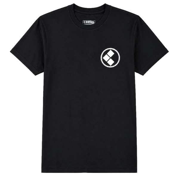 front of black t-shirt with smal white logo on the chest. t-shirt is over a white background