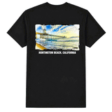 back of black t-shirt with image of HB Pier and the words Huntington Beach, California. t-shirt is over a white background