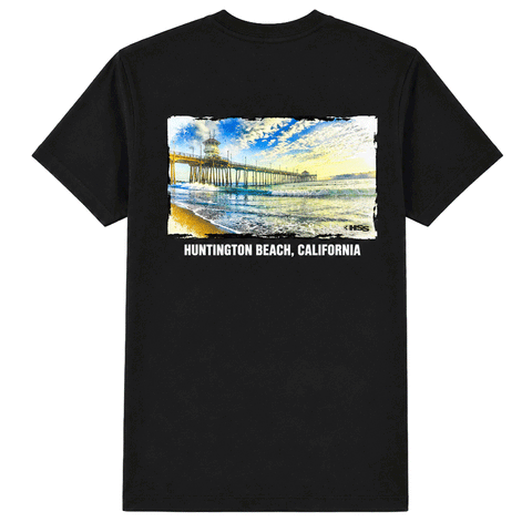 back of black t-shirt with image of HB Pier and the words Huntington Beach, California. t-shirt is over a white background