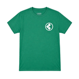 front of green t-shirt with white circle logo on left chest