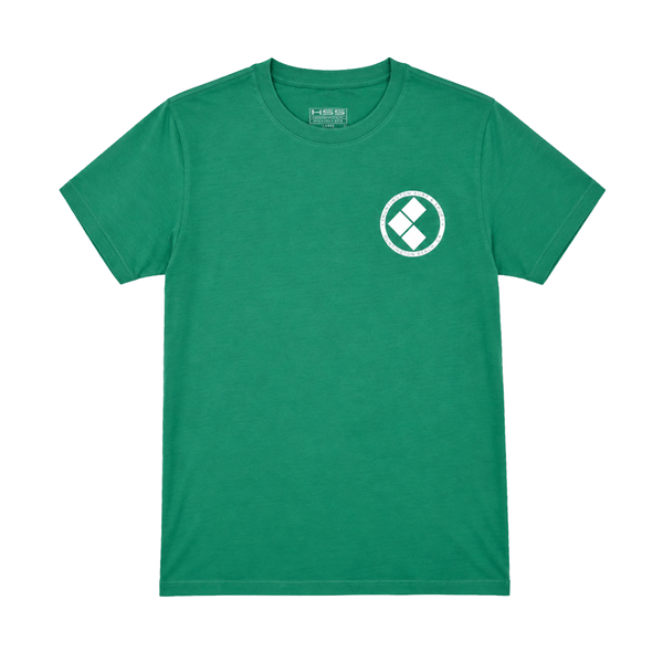 front of green t-shirt with white circle logo on left chest