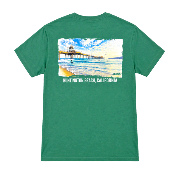 Back of green t-shirt with large image of the HB Pier