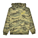 camo hoodie with orange logo on chest