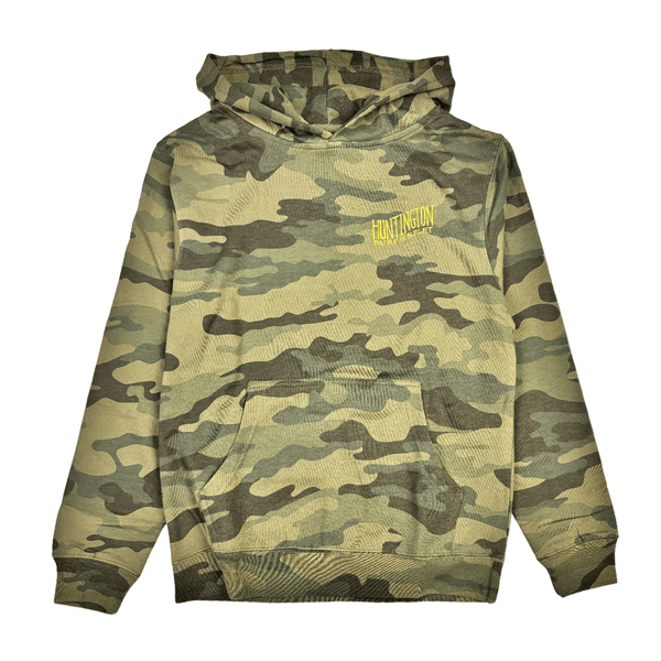 camo hoodie with orange logo on chest