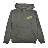 front of grey hoodie with yellow logo on chest