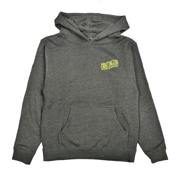 front of grey hoodie with yellow logo on chest