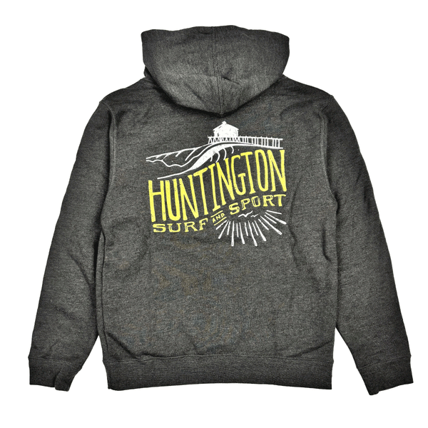 back of grey hoodie with white & yellow logo