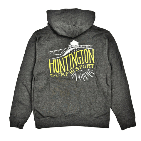 back of grey hoodie with white & yellow logo