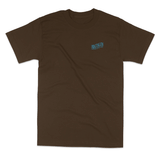 brown t shirt with blue logo on chest