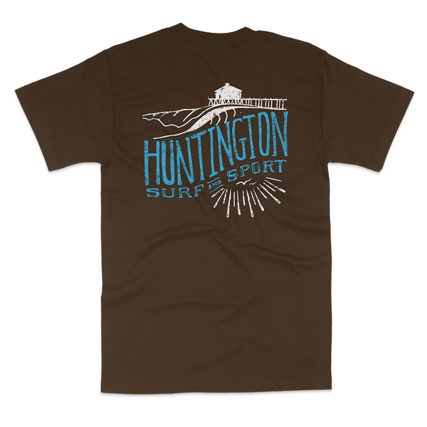 brown tee with white logo of a pier and "huntington surf and sport" in blue
