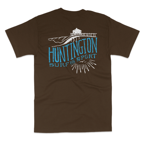brown tee with white logo of a pier and "huntington surf and sport" in blue