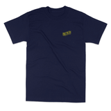 blue tee with white and yellow logo on chest