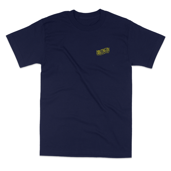 blue tee with white and yellow logo on chest