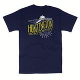 blue tee with white and yellow logo